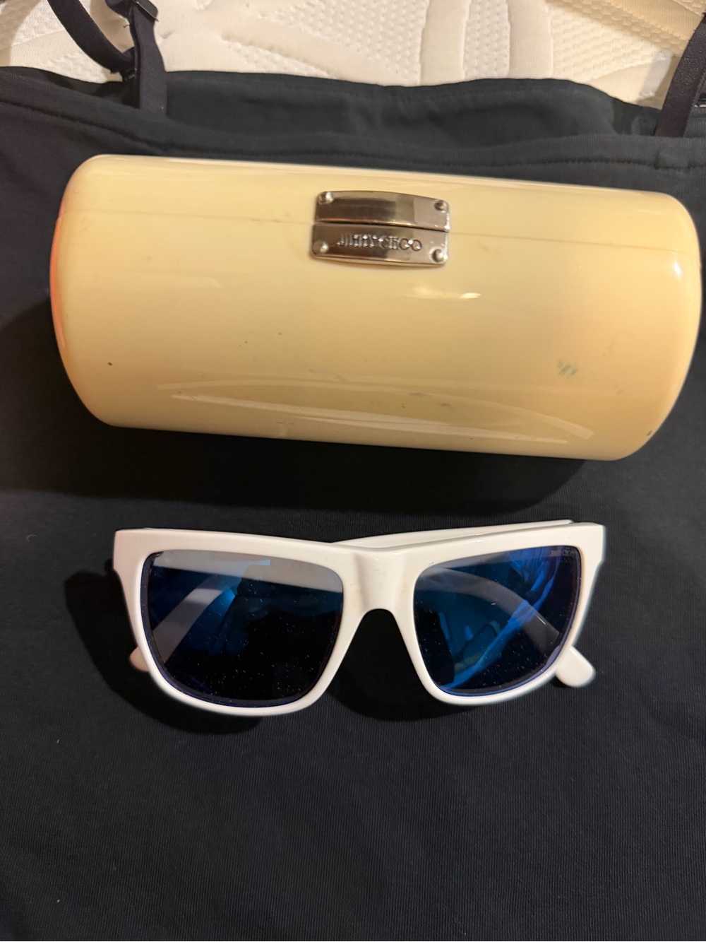 Jimmy Choo White Frame Sunglasses with Blue and Red Print andCream Case